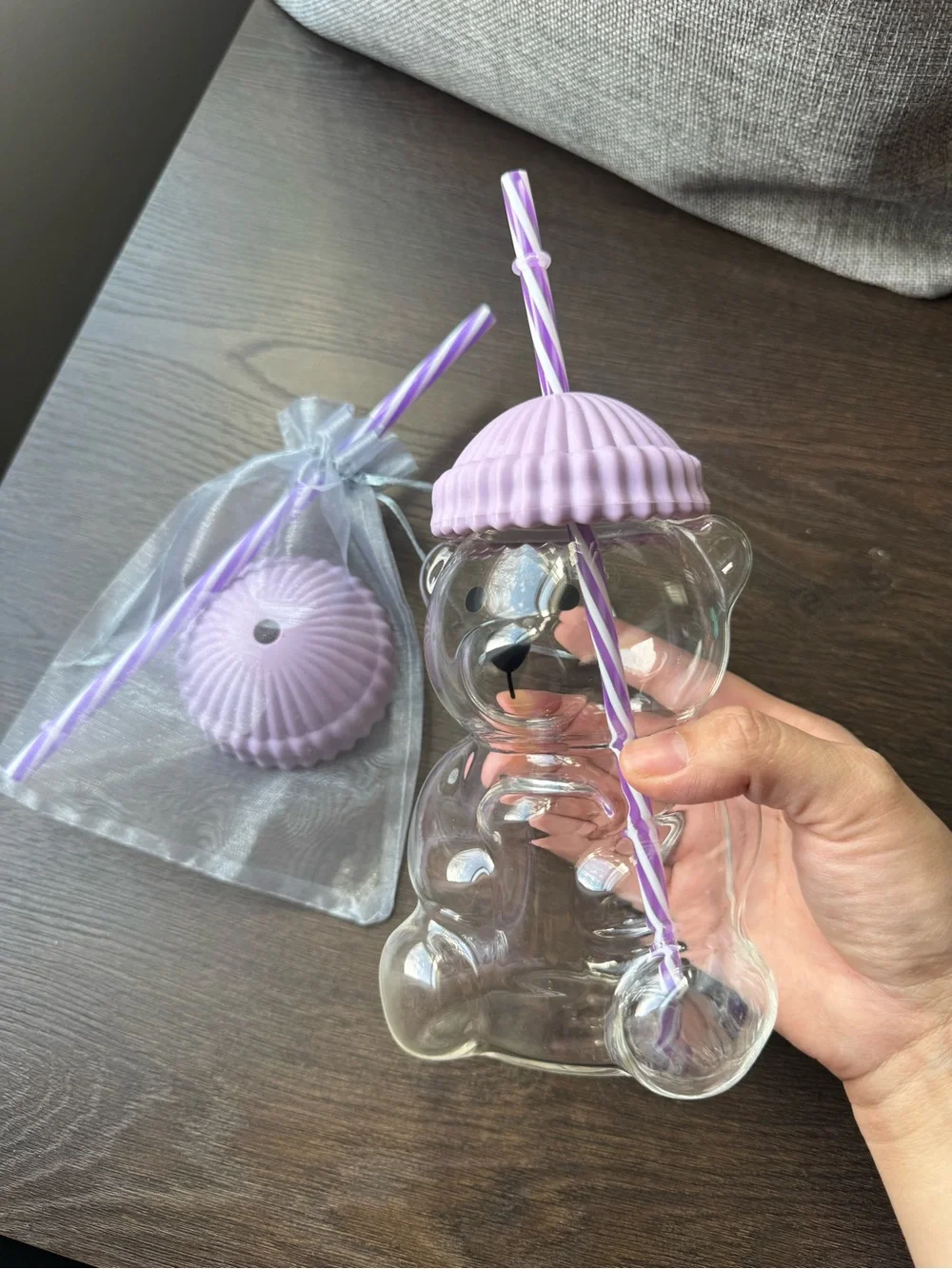 Spring Glass Bear Cup - Bearista in Lilac Color. hat and straw included